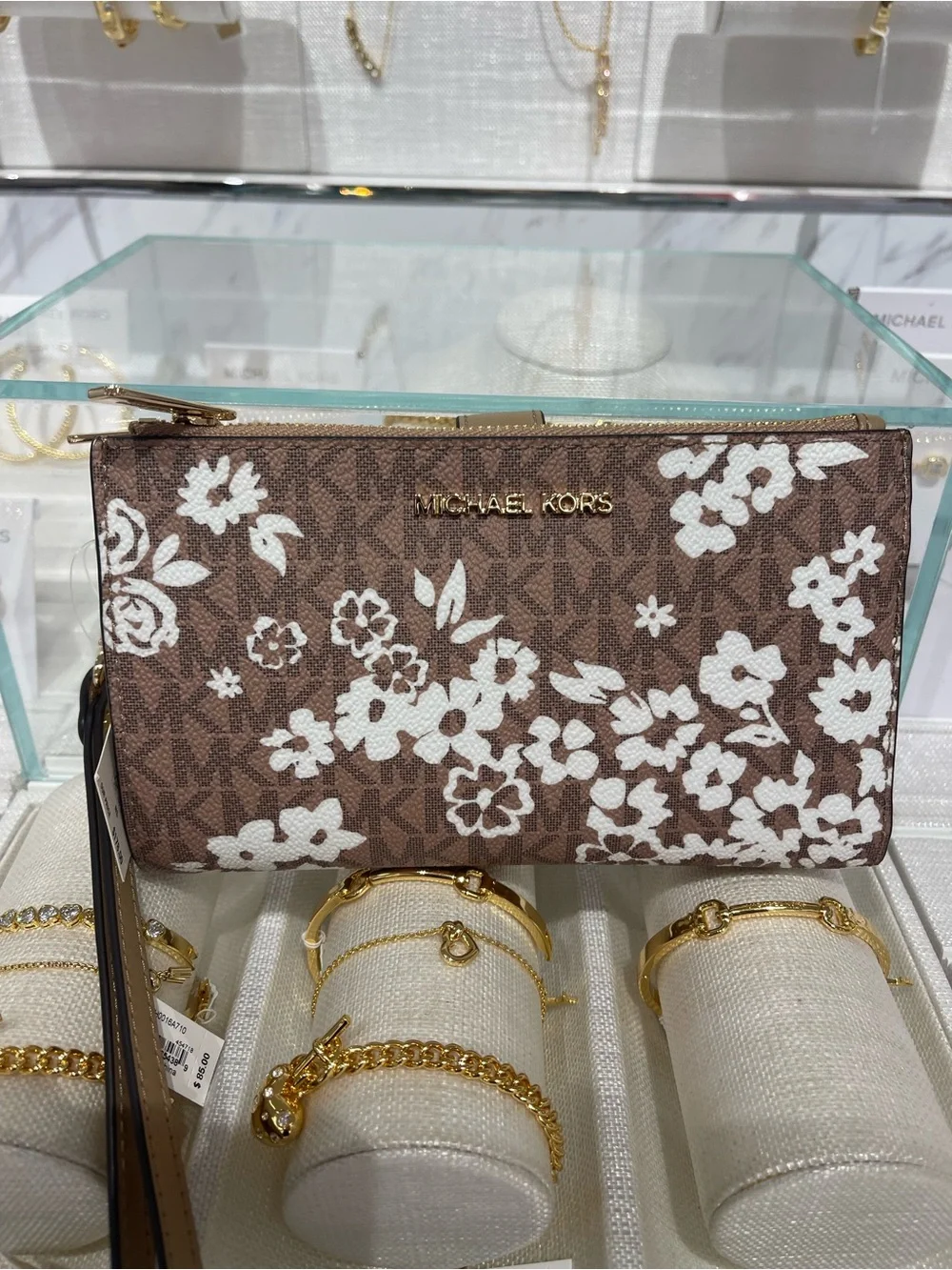 MICHAEL KORS JST Lg Double Zip Printed Signature Logo Wristlet Wallet Camel NWT